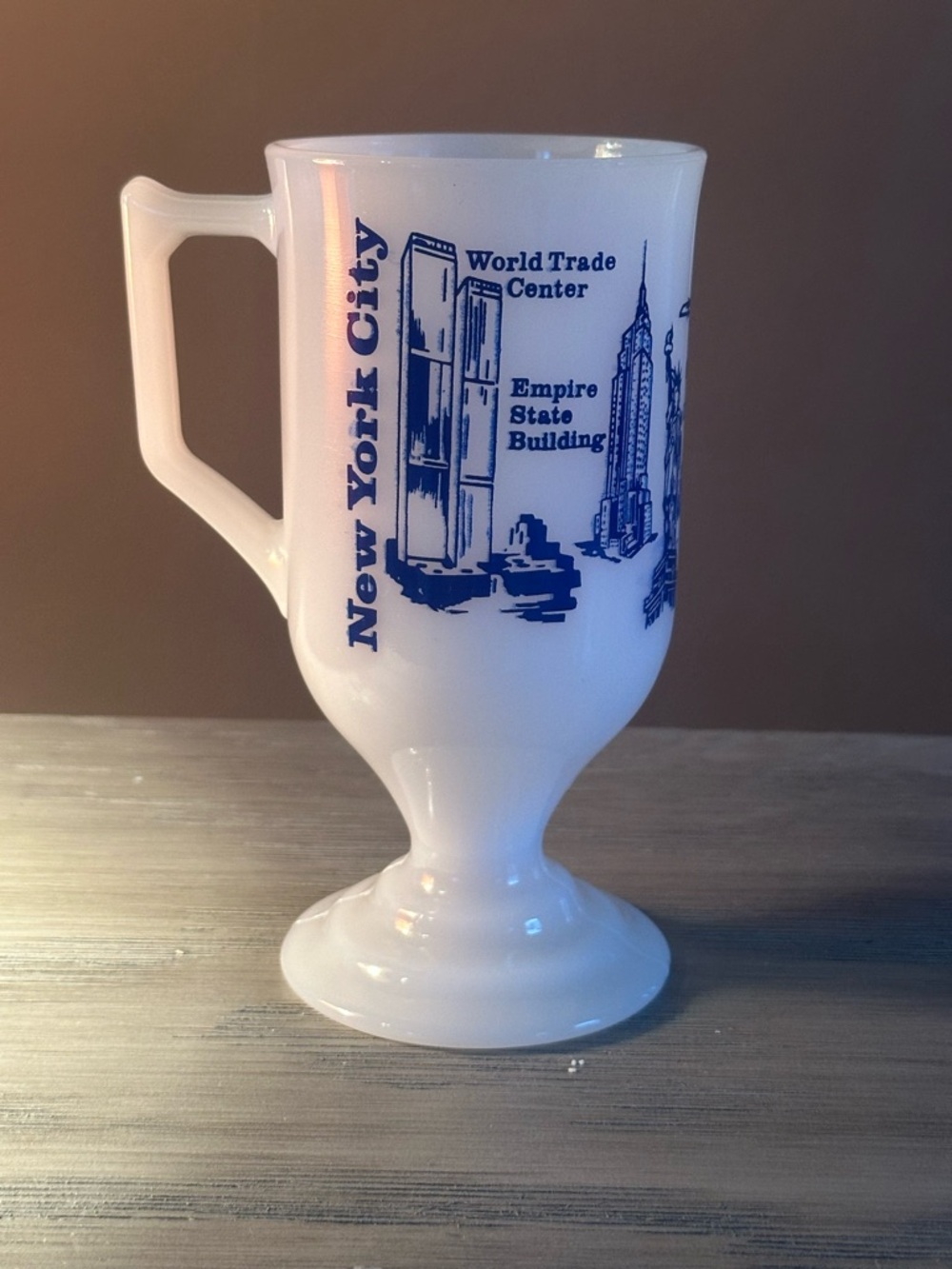 New York City with World Trade Center White Milk Glass Vintage Collectors Mug